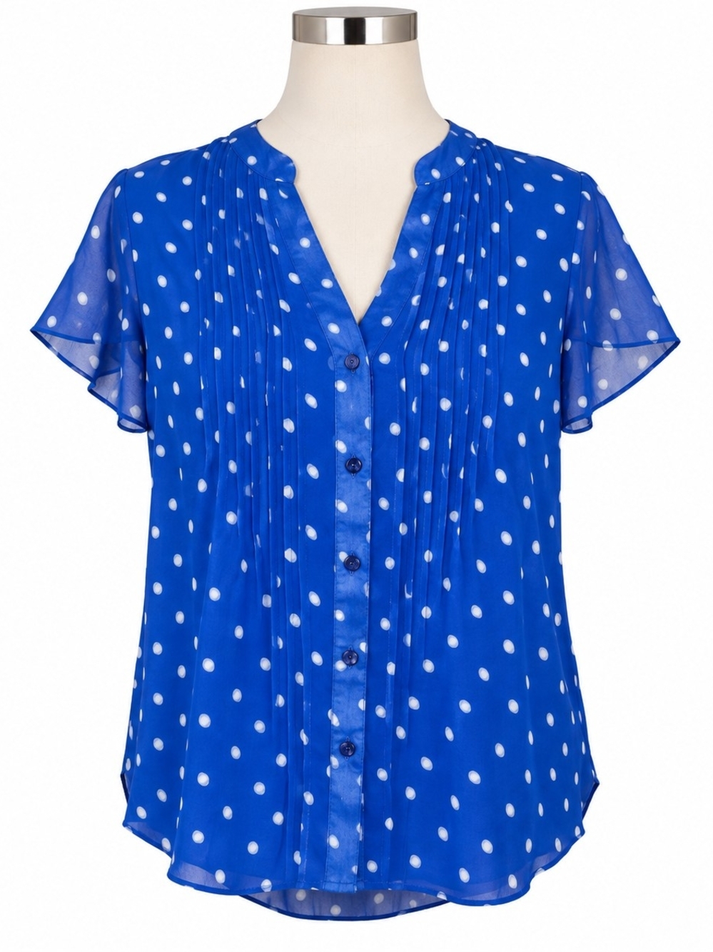 Covington Petite Women’s LP Blue White Polka Dot Pintuck Flutter Sleeve Blouse